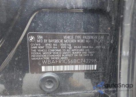 2011 BMW 528I из США, поврежденный, VIN WBAFR1C56BC742298